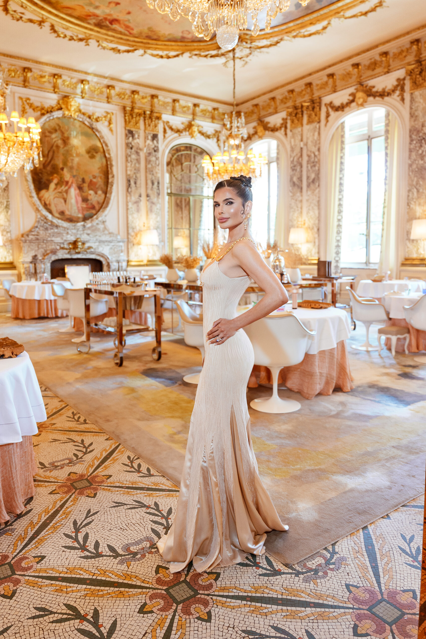 Victoria Barbara wearing Schiaparelli inside Le Meurice during Paris Haute Couture Week Fall/Winter 2026–2027.