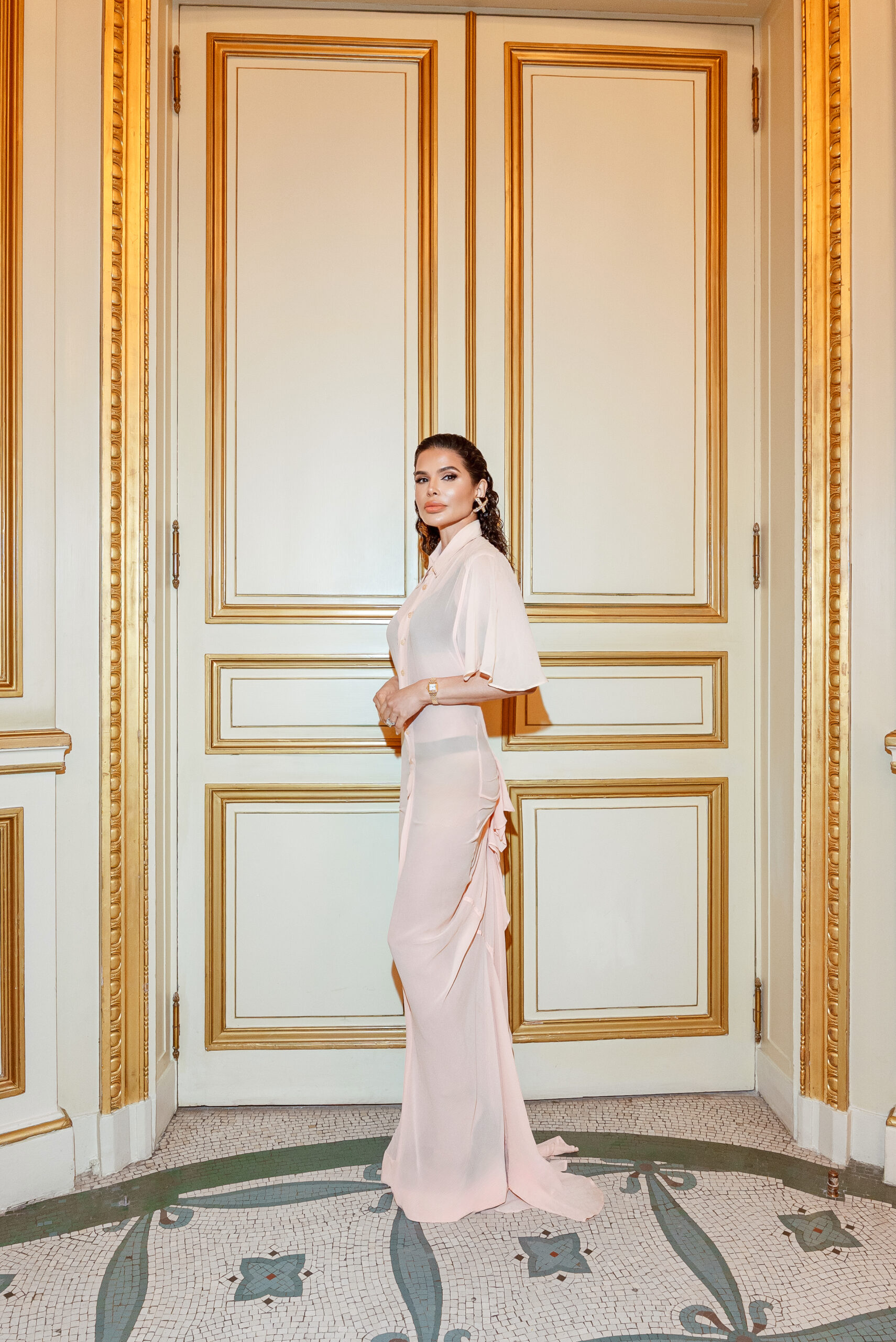 Victoria Barbara wearing vintage Jean Paul Gaultier at Le Meurice before attending the Fall/Winter 2026–2027 Haute Couture runway show